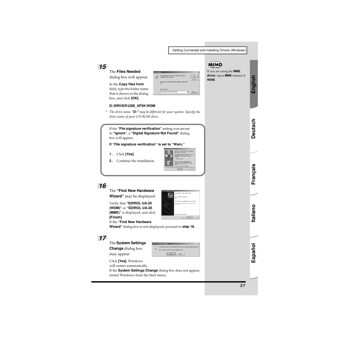 Edirol UA-20 owner manual Find New Hardware, Wizard may be displayed, System Settings, Change dialog box may appear 