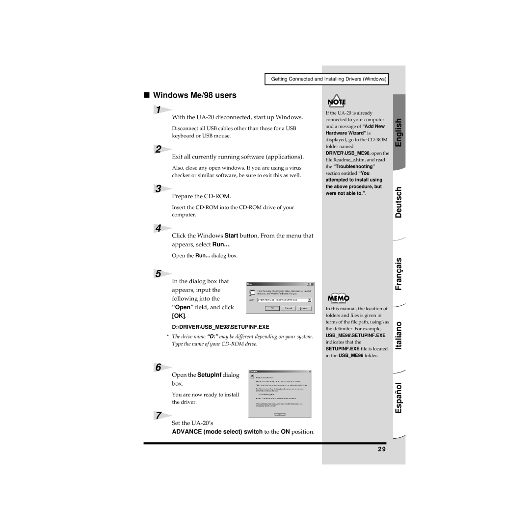 Edirol owner manual Windows Me/98 users, Open the SetupInf dialog box, Set the UA-20’s, Troubleshooting 