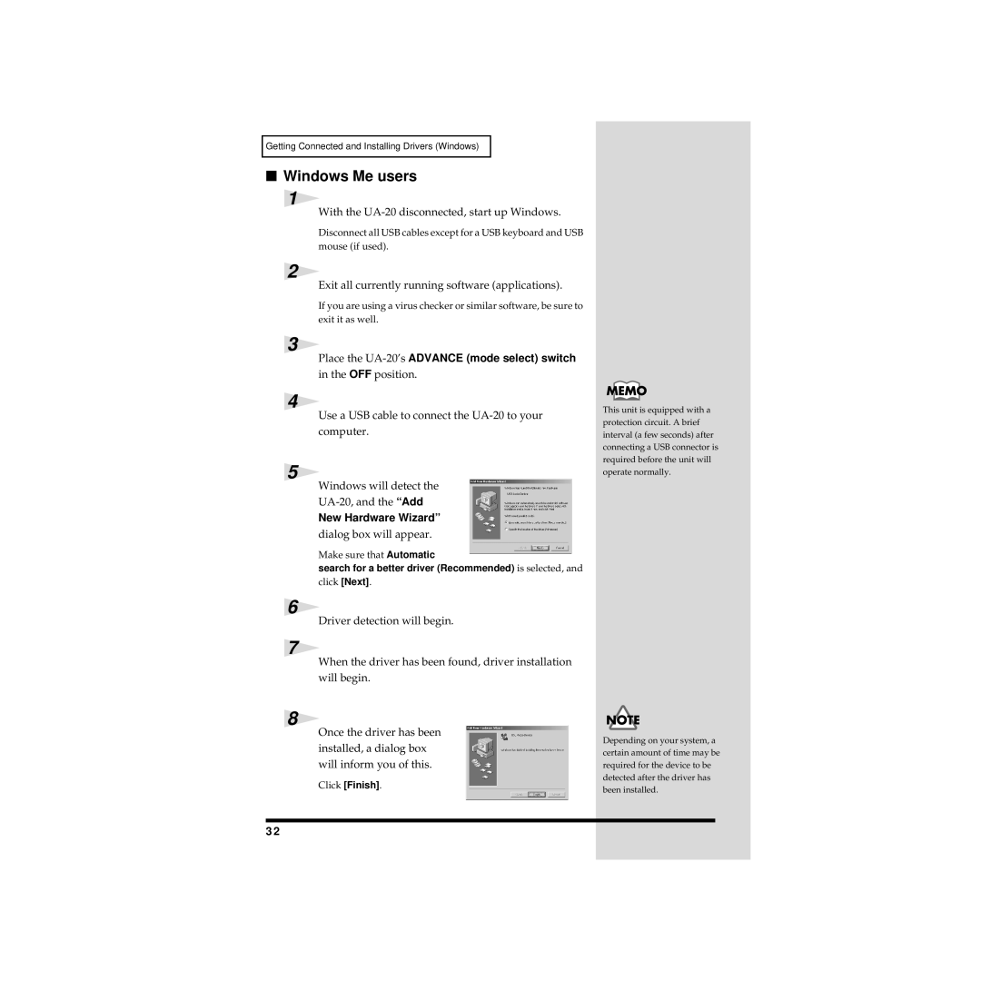 Edirol UA-20 owner manual Windows Me users, New Hardware Wizard, Make sure that Automatic, Click Finish 