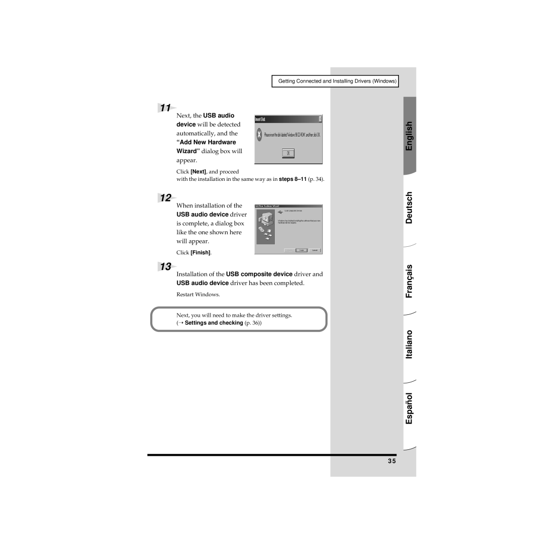 Edirol UA-20 owner manual Next, the USB audio device will be detected automatically, Wizard dialog box will appear 