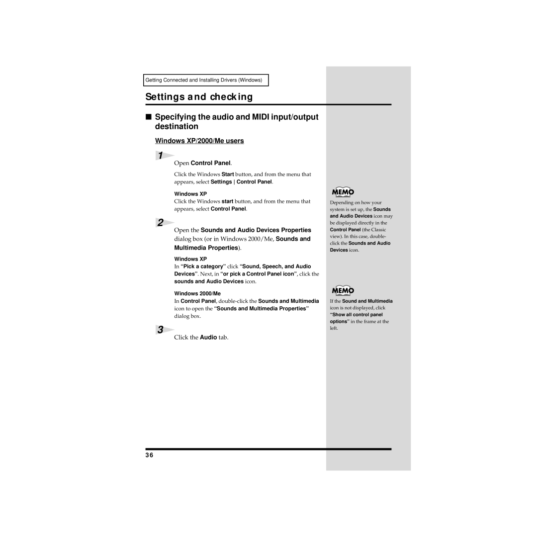 Edirol UA-20 Settings and checking, Specifying the audio and Midi input/output destination, Windows XP/2000/Me users 