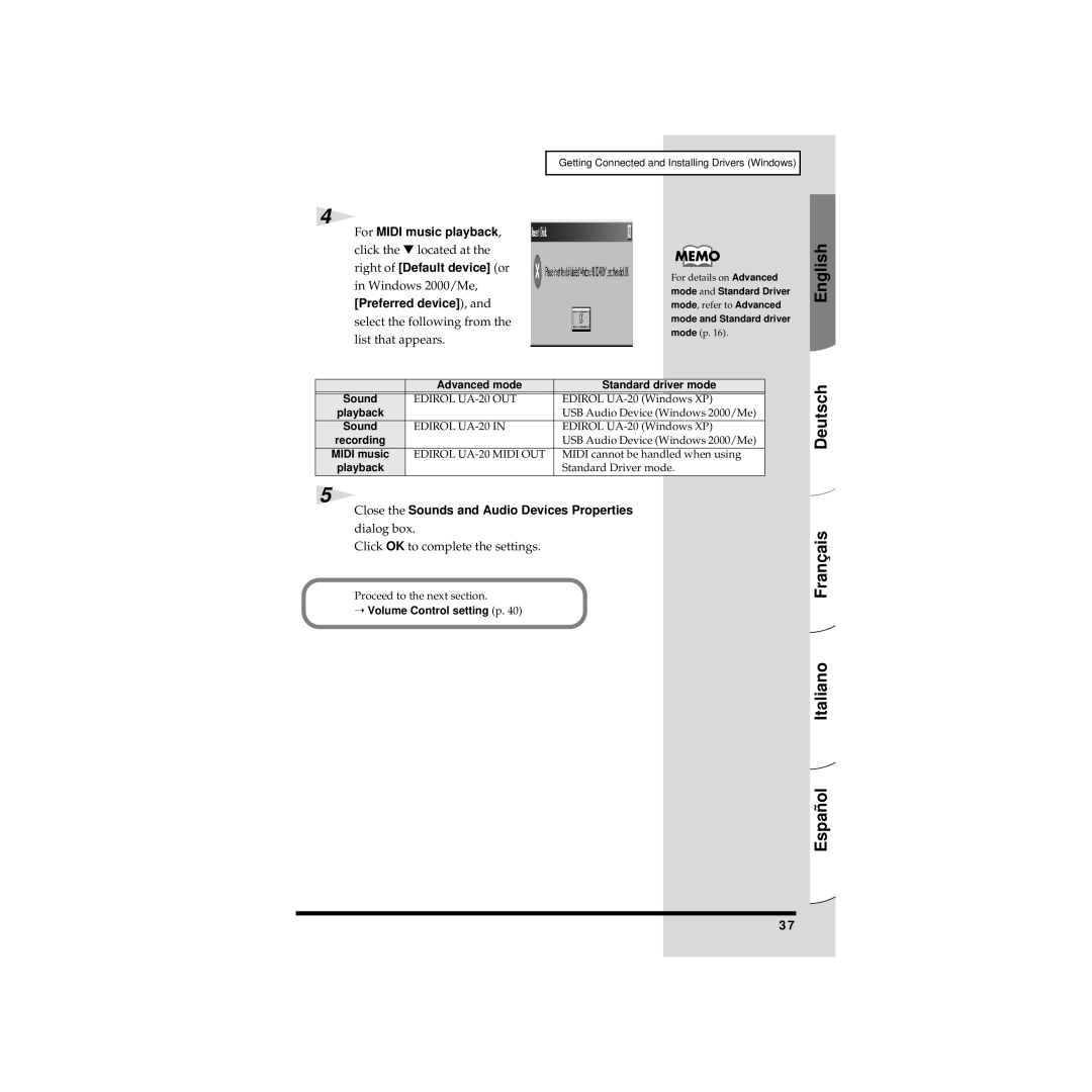 Edirol UA-20 owner manual English, Deutsch Français Italiano Español, Close the Sounds and Audio Devices Properties 