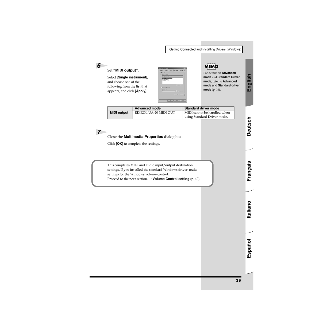 Edirol UA-20 owner manual Set Midi output, Close the Multimedia Properties dialog box, Select Single instrument 