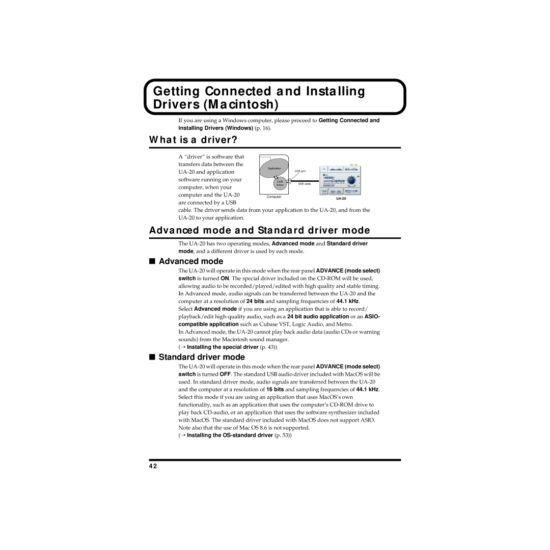 Edirol UA-20 owner manual Getting Connected and Installing Drivers Macintosh, Installing Drivers Windows p 