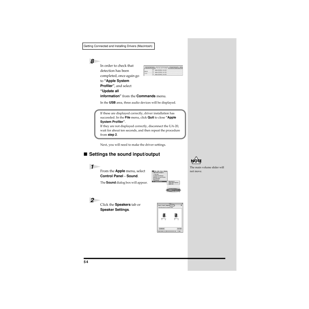 Edirol UA-20 owner manual Settings the sound input/output, To Apple System, Update all Information from the Commands menu 