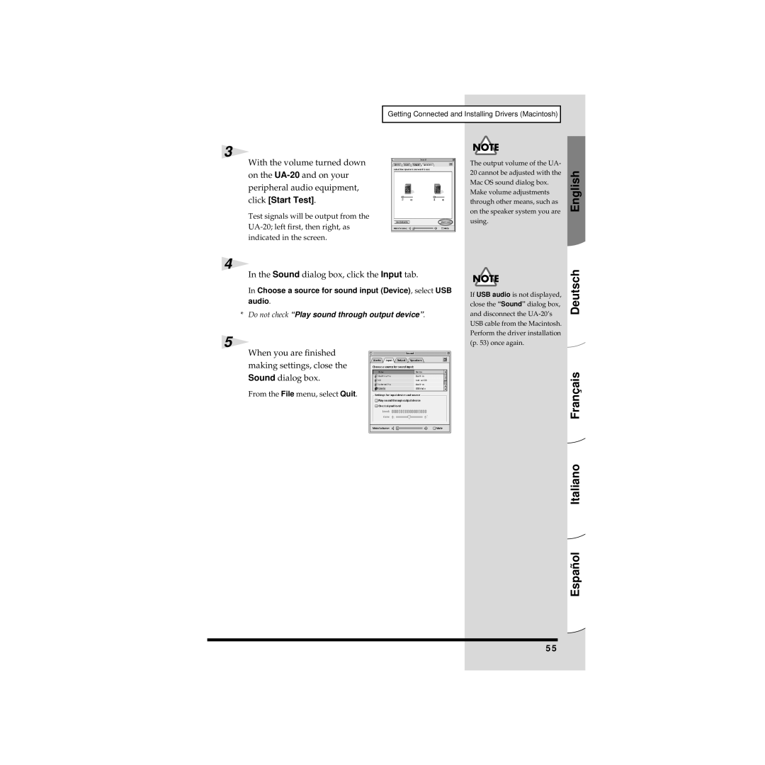 Edirol UA-20 owner manual Click Start Test, Sound dialog box, click the Input tab, From the File menu, select Quit 