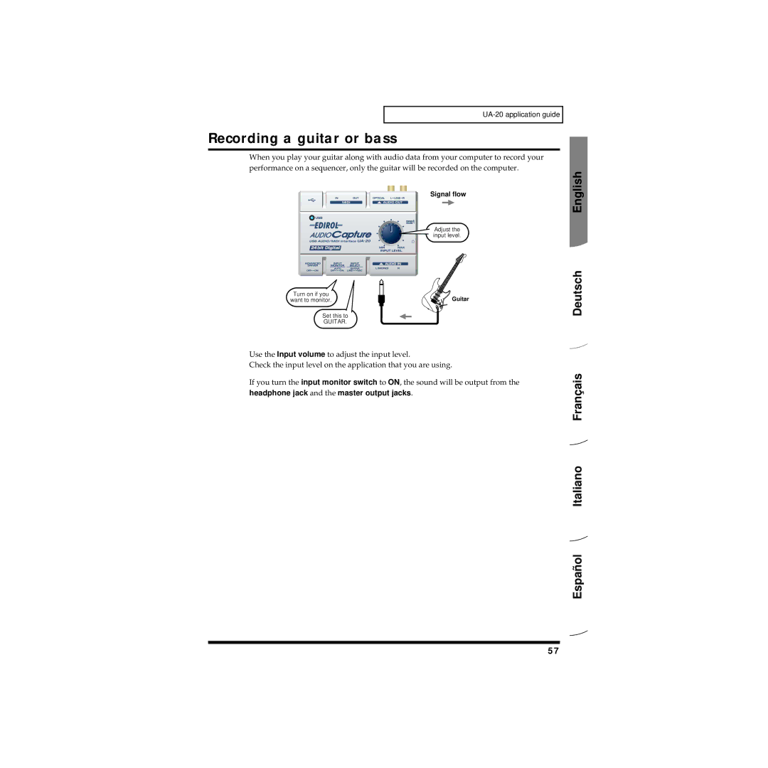 Edirol UA-20 owner manual Recording a guitar or bass 