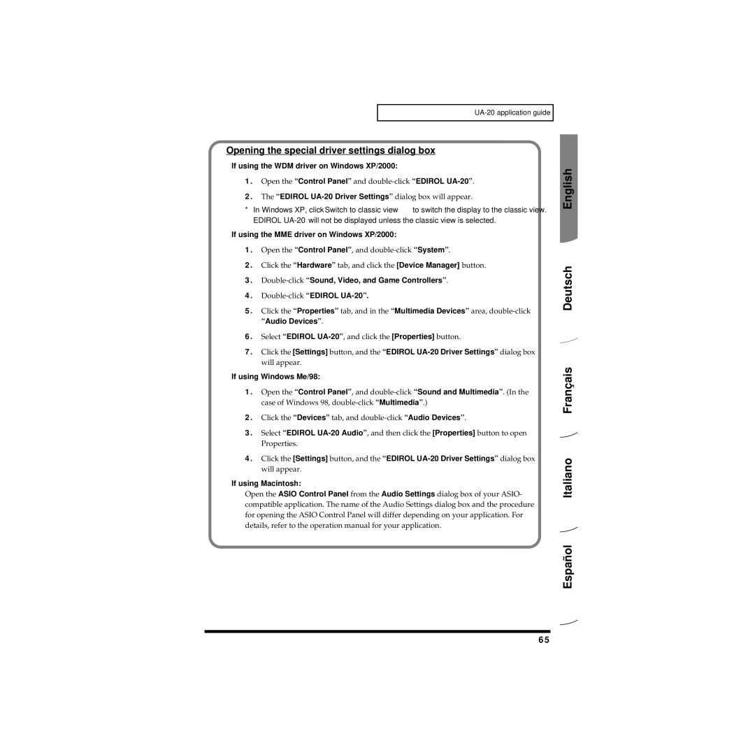 Edirol UA-20 Opening the special driver settings dialog box, If using the MME driver on Windows XP/2000, Audio Devices 