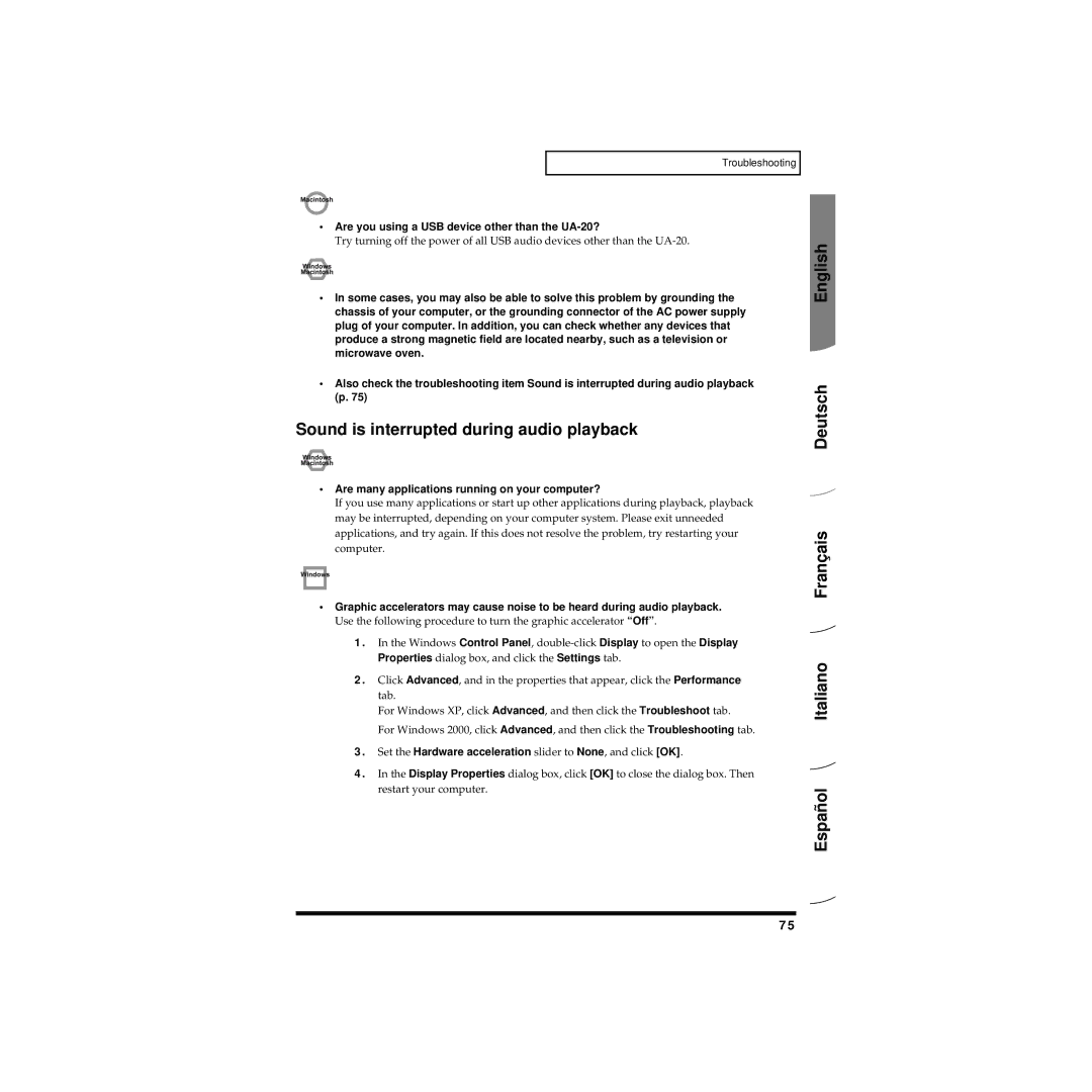 Edirol owner manual Sound is interrupted during audio playback, Are you using a USB device other than the UA-20? 