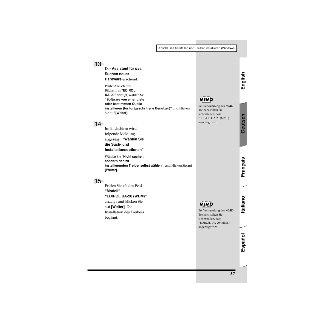 Edirol UA-20 owner manual Der Assistent für das Suchen neuer, Die Such- und Installationsoptionen, Modell 