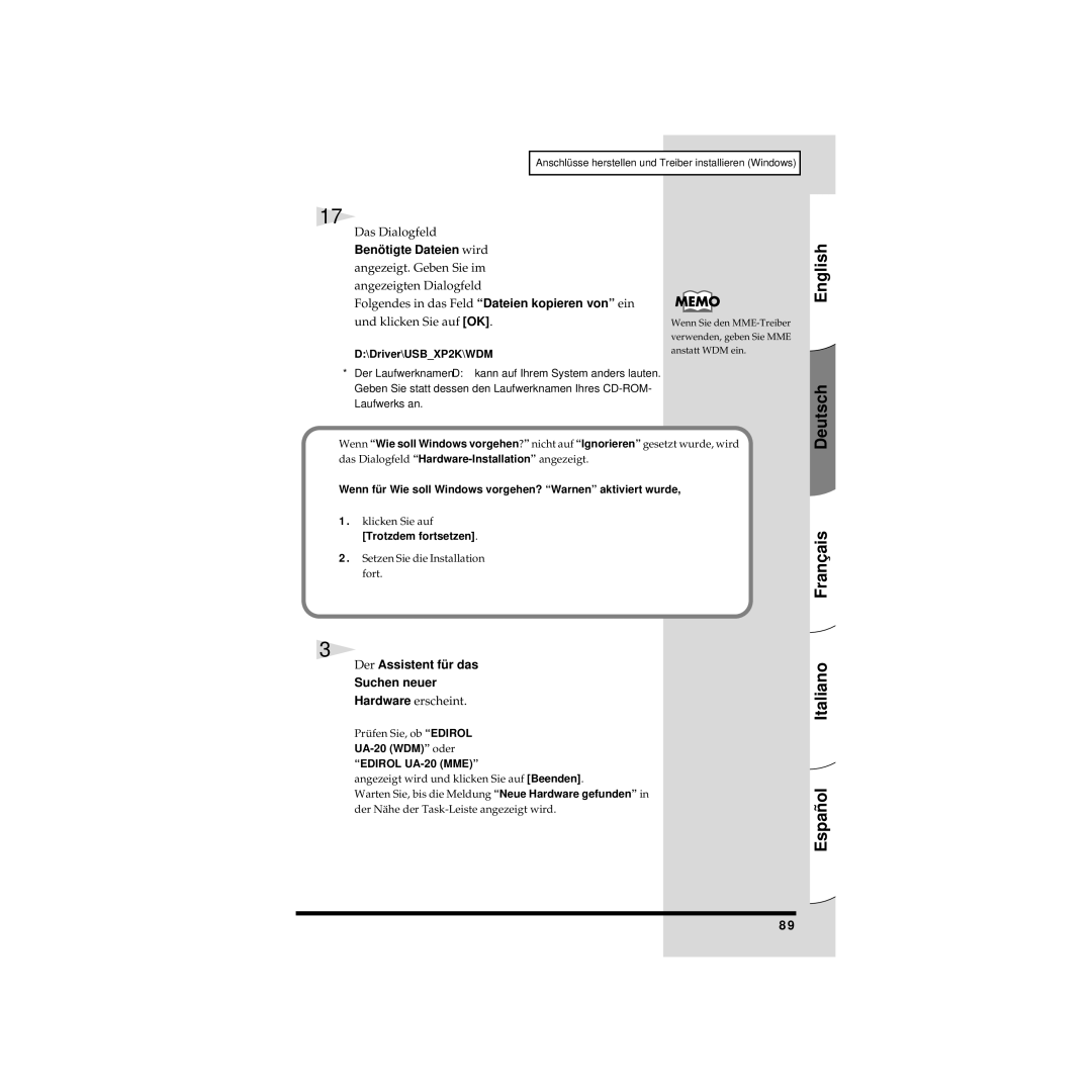 Edirol owner manual Das Dialogfeld, Benötigte Dateien wird, Trotzdem fortsetzen, UA-20 WDM oder 