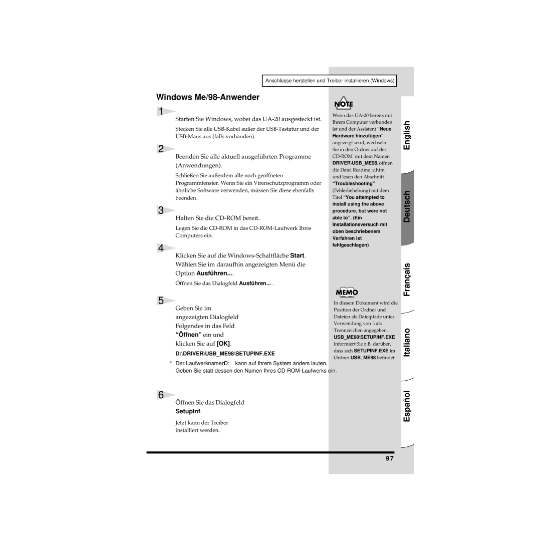 Edirol UA-20 owner manual Windows Me/98-Anwender, Öffnen Sie das Dialogfeld, SetupInf, Dass sich SETUPINF.EXE im 