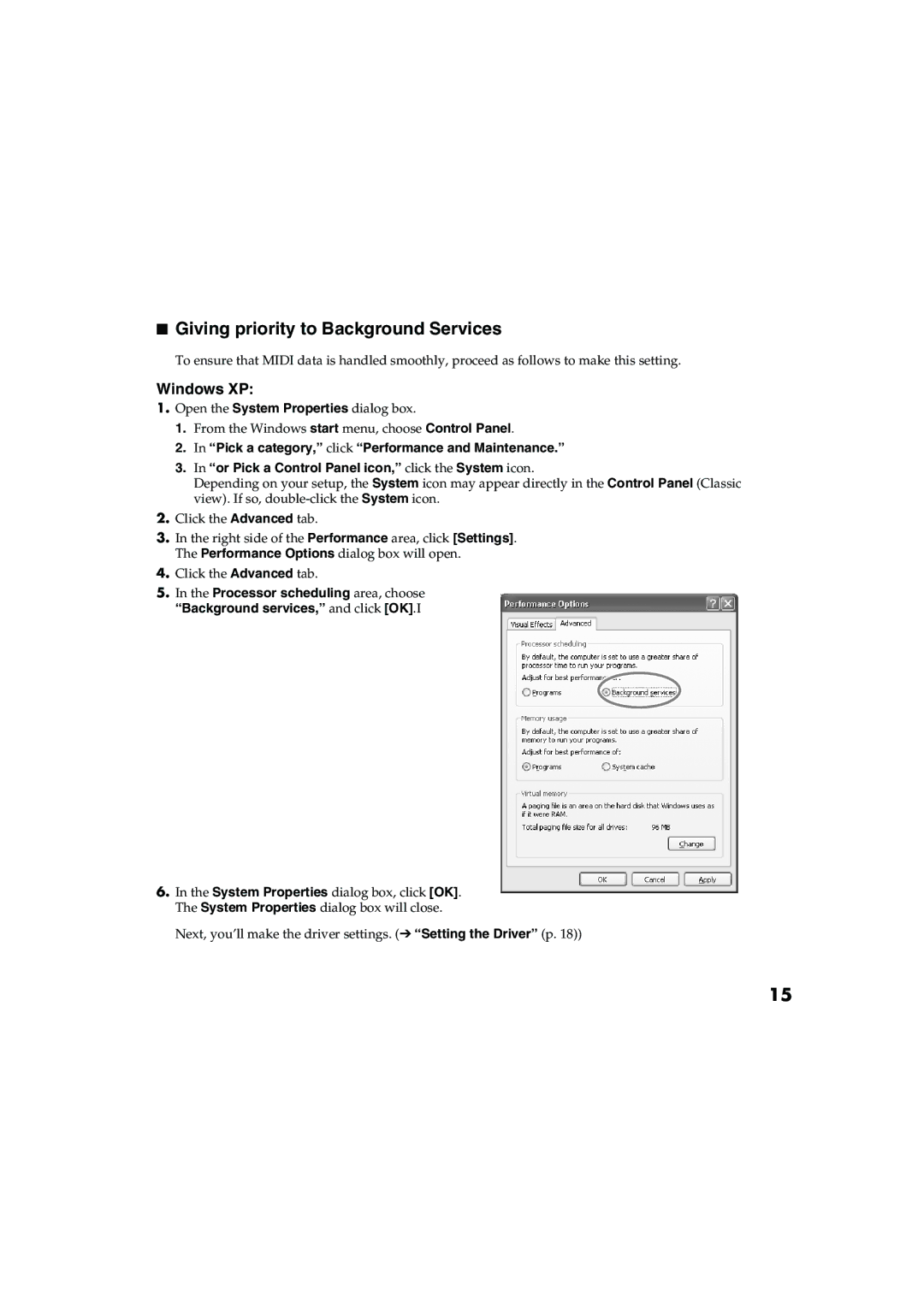 Edirol UM-1EX owner manual Giving priority to Background Services, Windows XP 