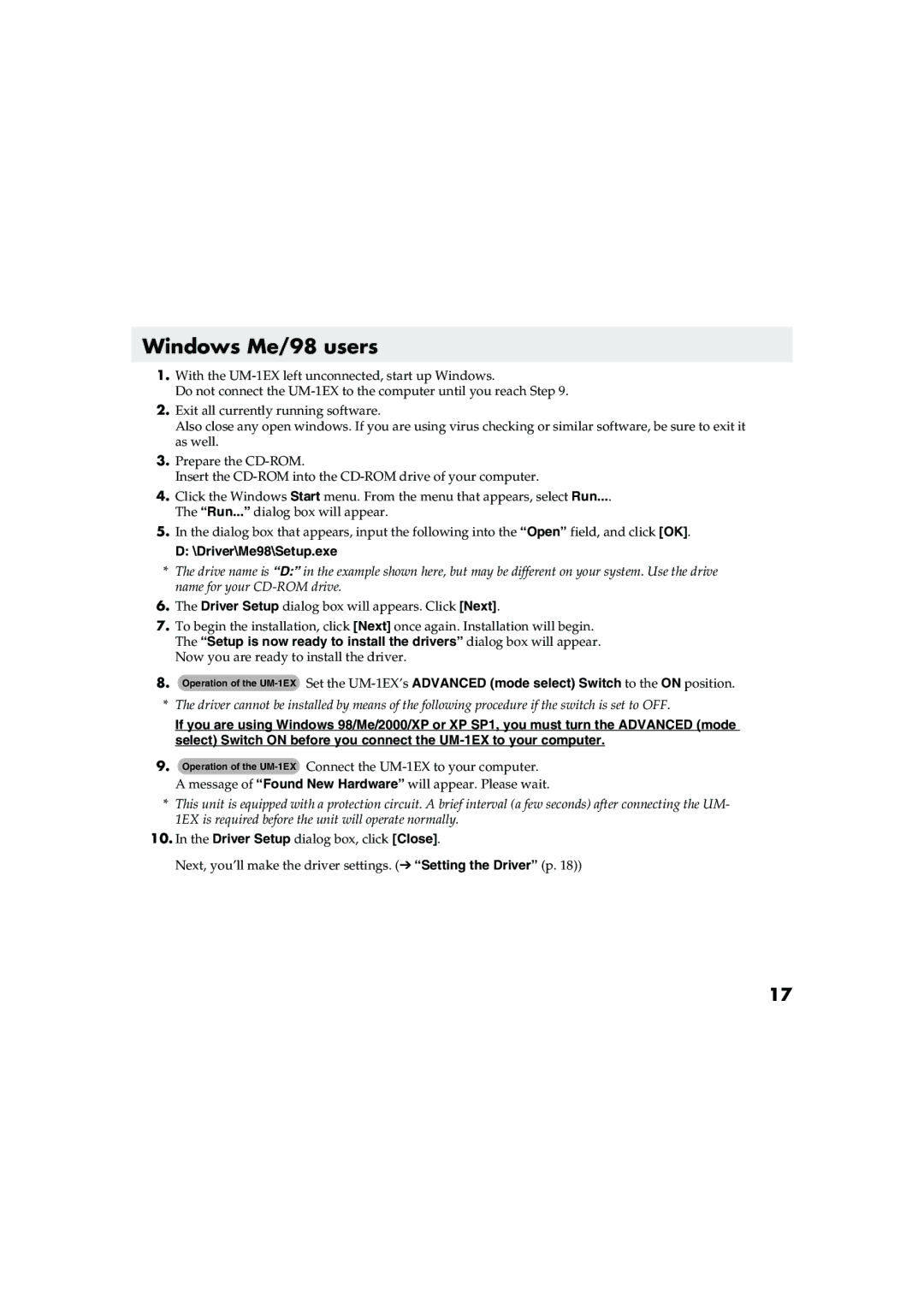 Edirol UM-1EX owner manual Windows Me/98 users, Driver\Me98\Setup.exe 