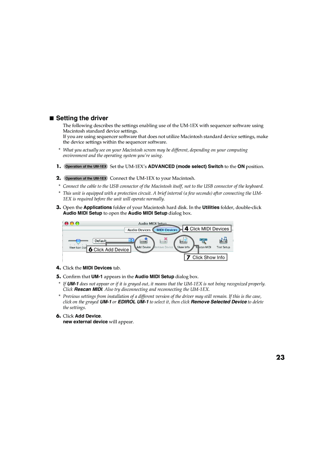 Edirol UM-1EX owner manual Setting the driver, Audio Midi Setup to open the Audio Midi Setup dialog box 