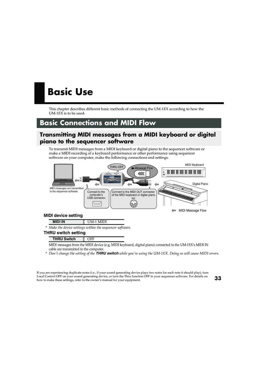 Edirol UM-1EX owner manual Basic Use, Basic Connections and Midi Flow 