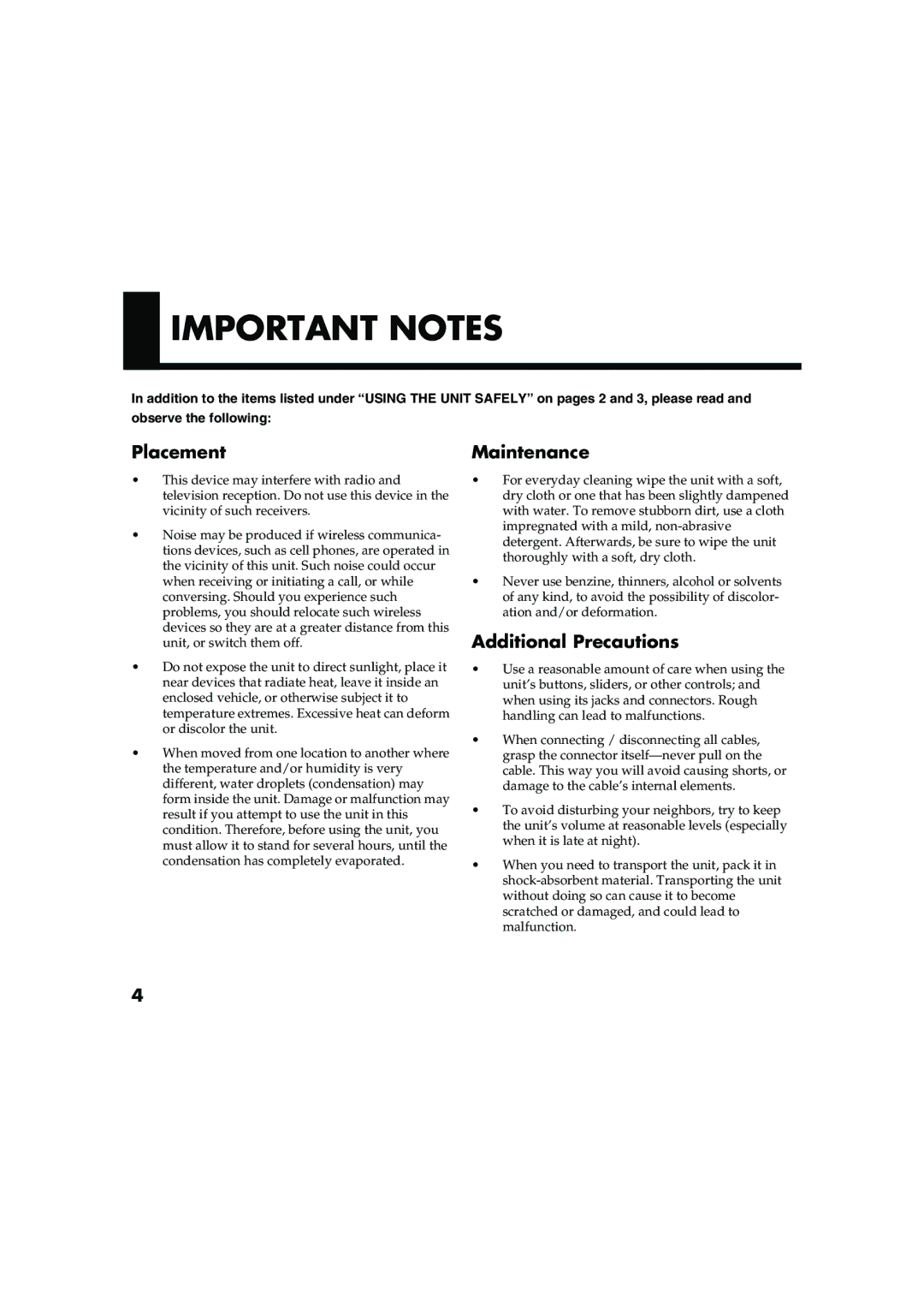 Edirol UM-1EX owner manual Important Notes 