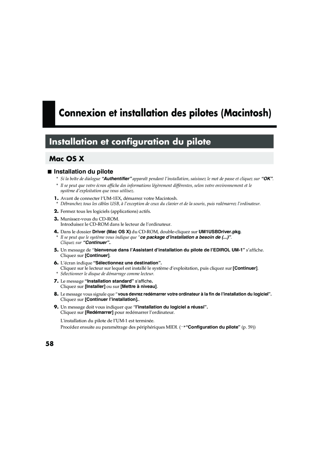 Edirol UM-1EX owner manual Installation et configuration du pilote, Mac OS, Installation du pilote 