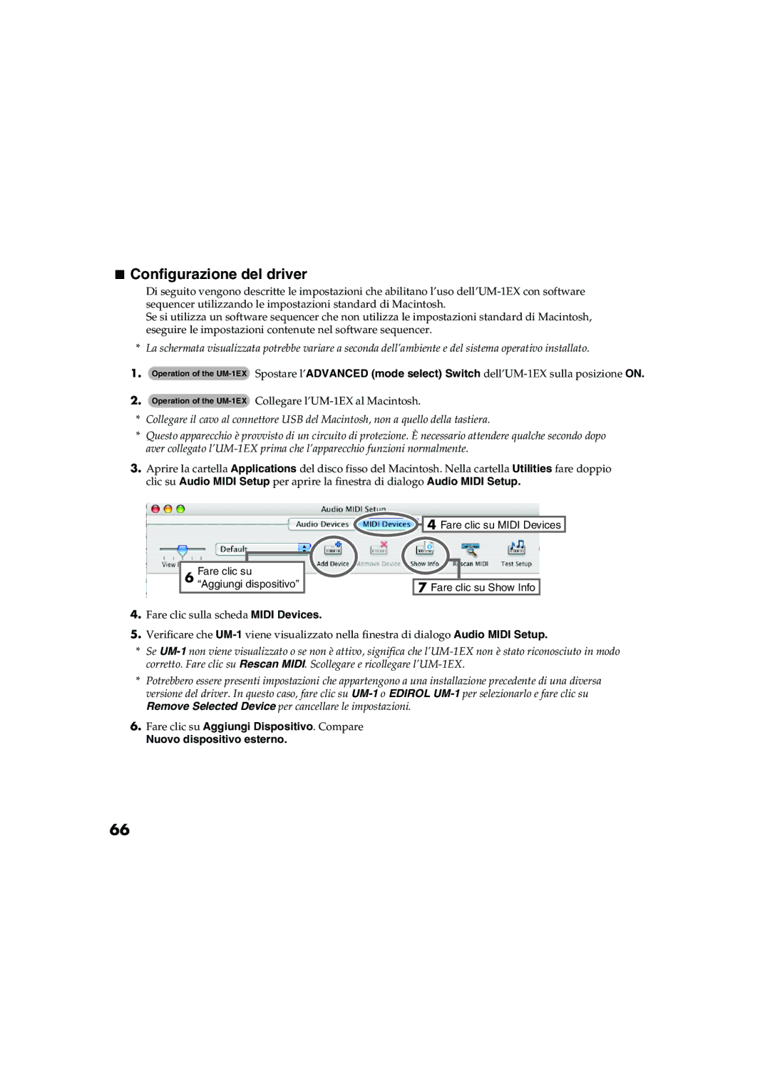 Edirol UM-1EX owner manual Configurazione del driver, Nuovo dispositivo esterno 