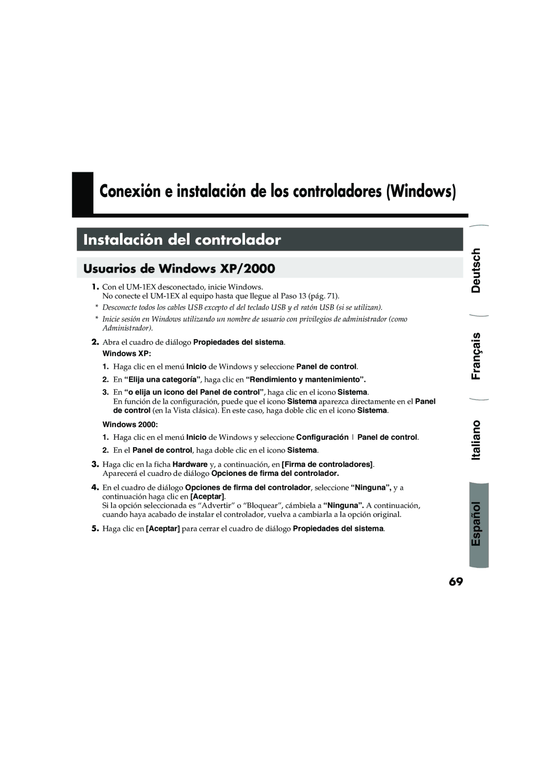 Edirol UM-1EX owner manual Instalación del controlador, Usuarios de Windows XP/2000 