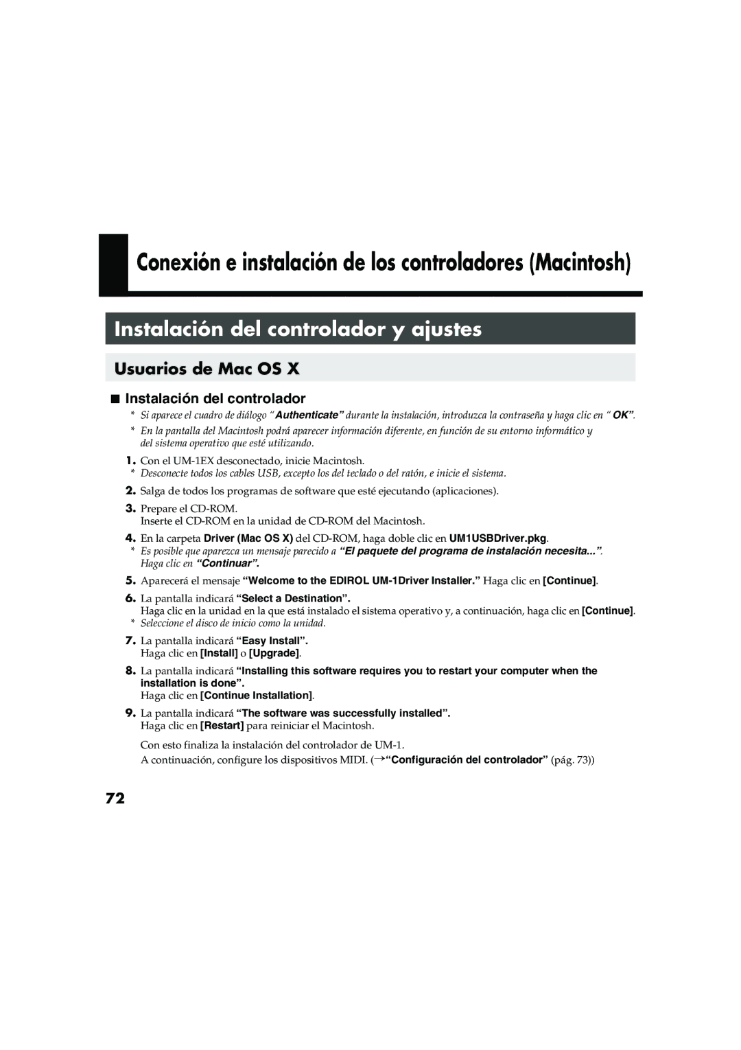 Edirol UM-1EX owner manual Instalación del controlador y ajustes, Usuarios de Mac OS 