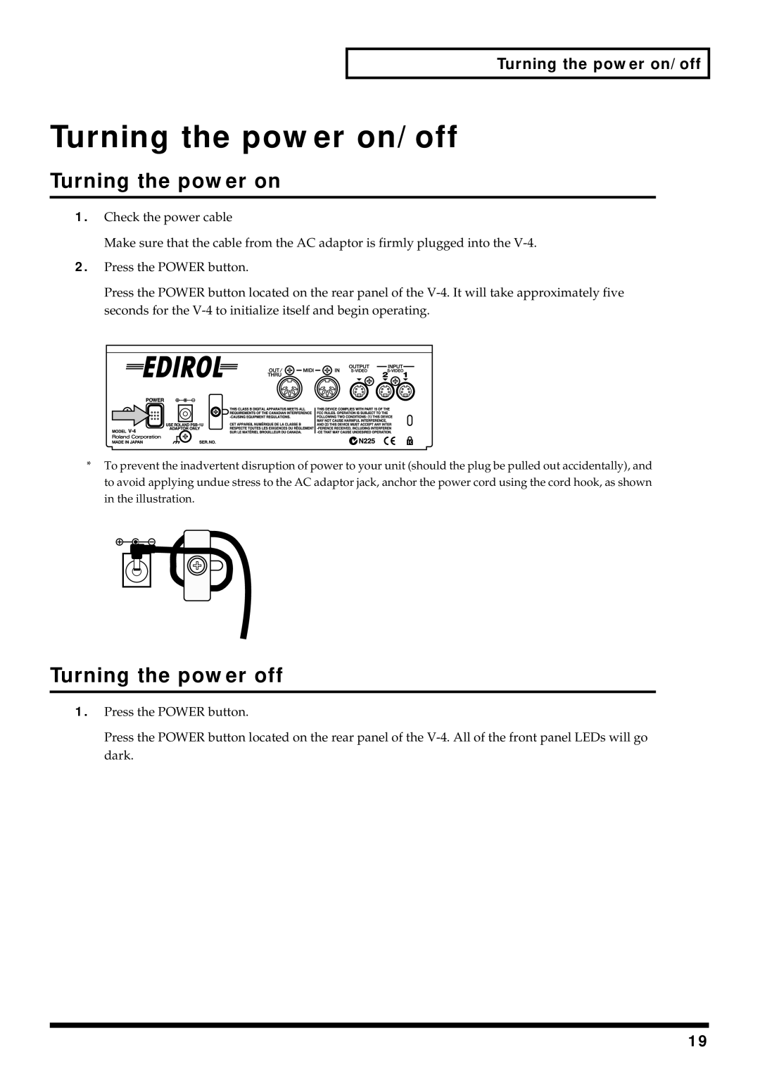 Edirol V-4 owner manual Turning the power on/off, Turning the power off 