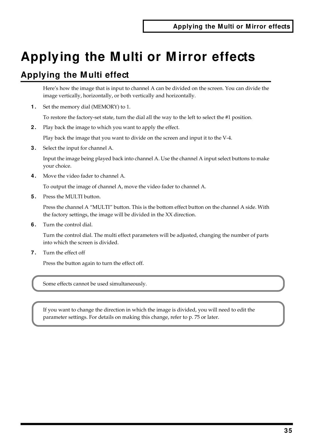 Edirol V-4 owner manual Applying the Multi or Mirror effects, Applying the Multi effect 