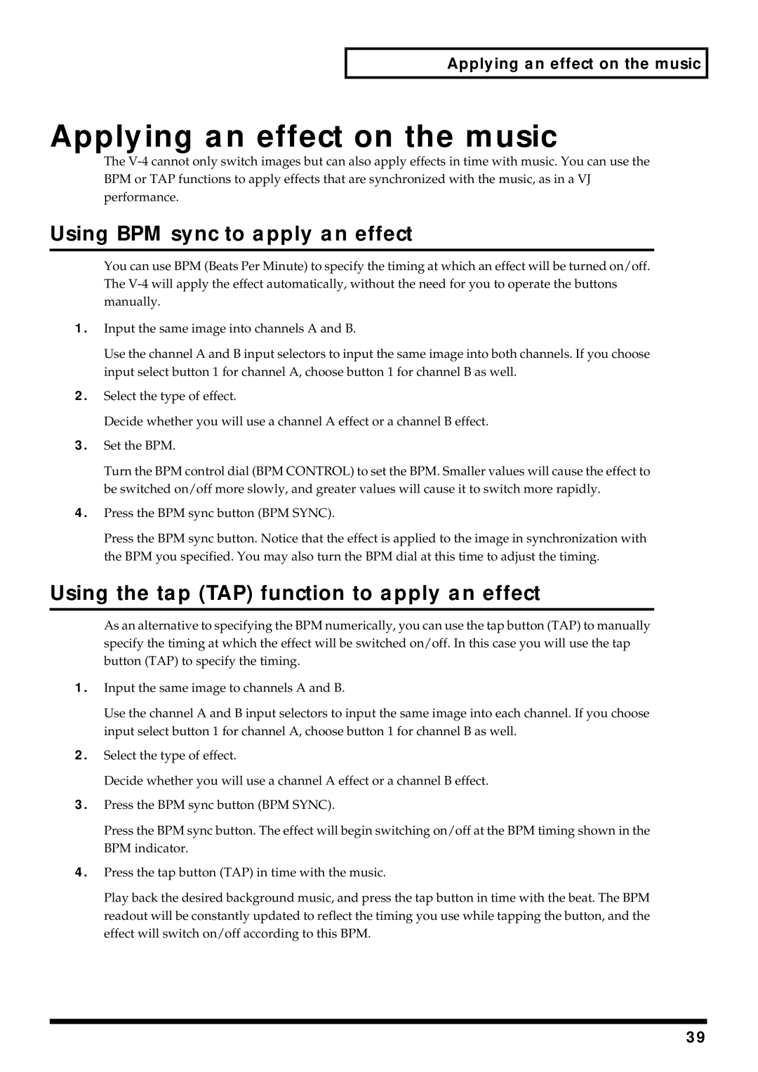 Edirol V-4 owner manual Applying an effect on the music, Using BPM sync to apply an effect 