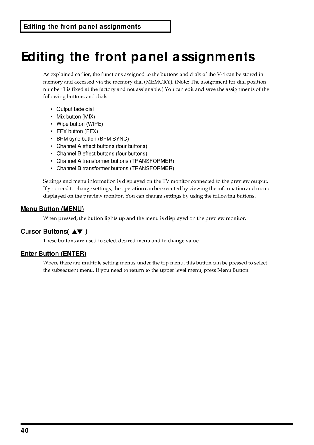 Edirol V-4 owner manual Editing the front panel assignments, Enter Button Enter 