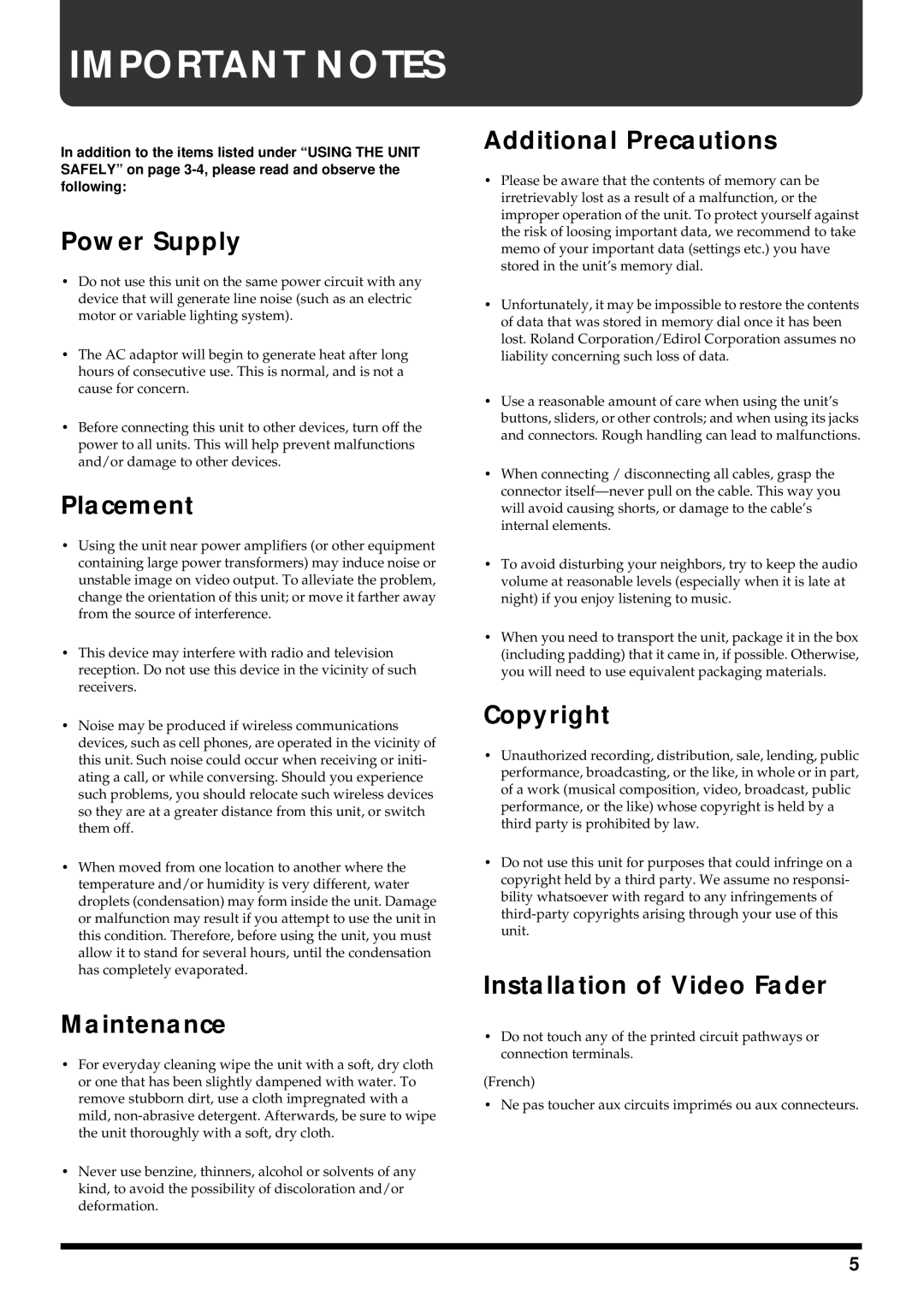 Edirol V-4 Power Supply, Placement, Maintenance, Additional Precautions, Copyright, Installation of Video Fader 