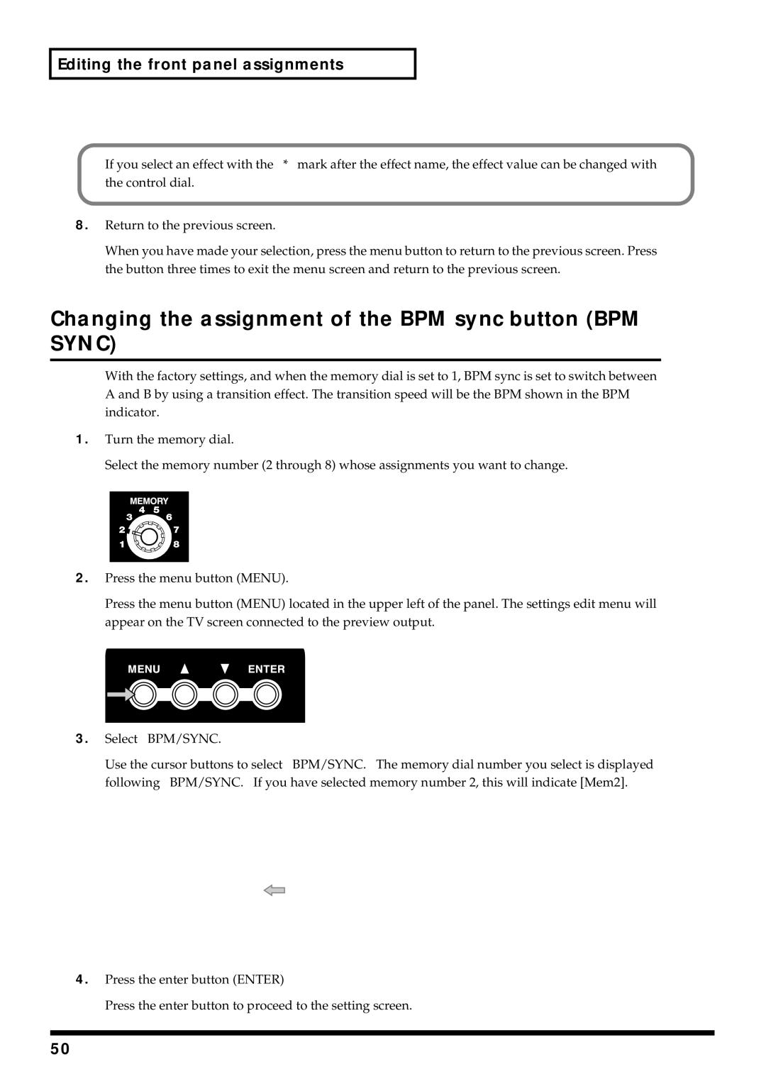 Edirol V-4 owner manual Changing the assignment of the BPM sync button BPM Sync 