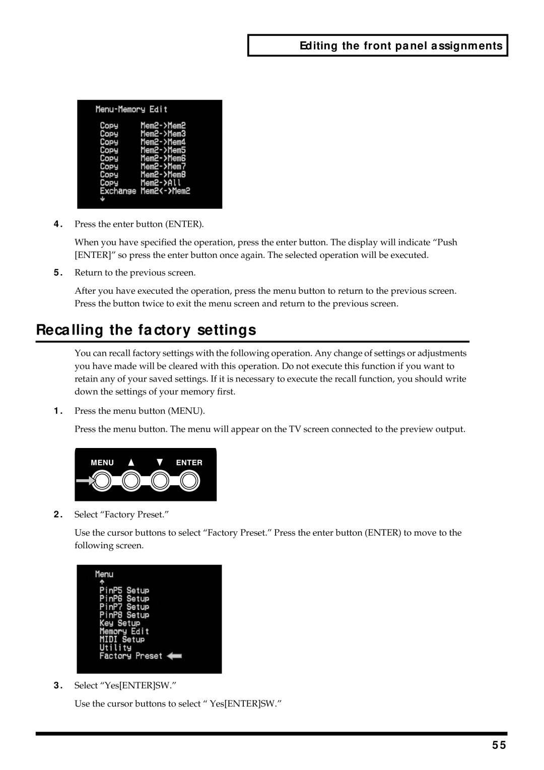 Edirol V-4 owner manual Recalling the factory settings 