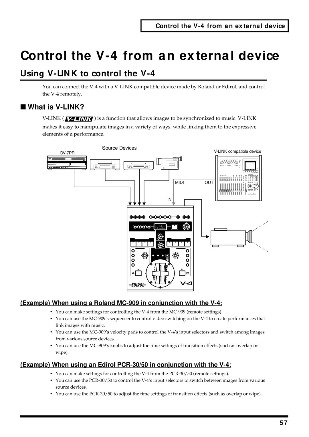 Edirol owner manual Control the V-4 from an external device, Using V-LINK to control 