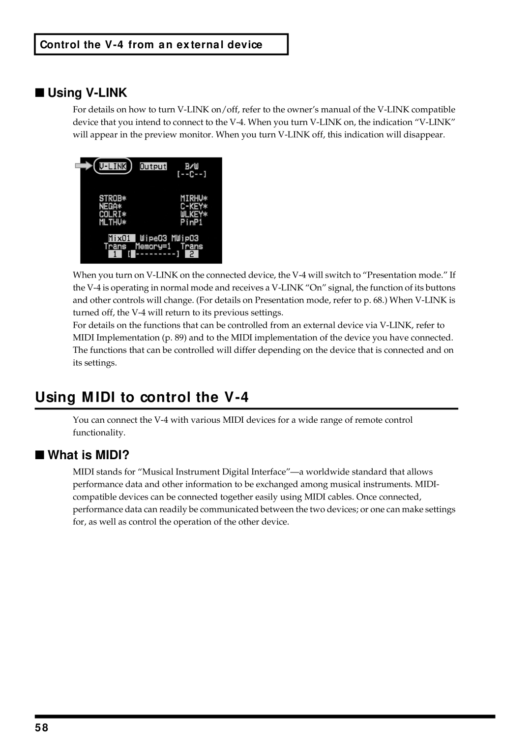 Edirol V-4 owner manual Using Midi to control, Using V-LINK 