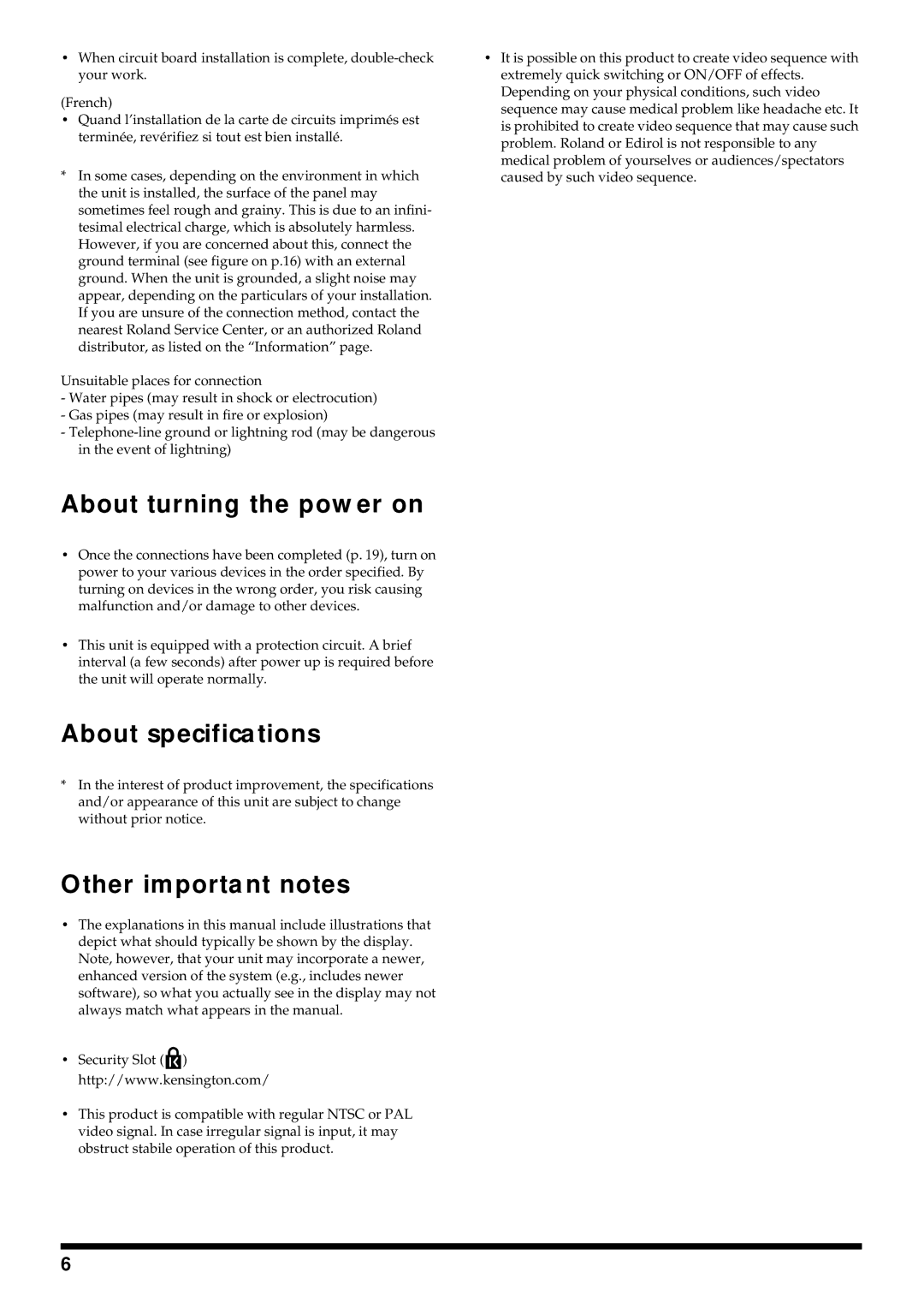 Edirol V-4 owner manual About turning the power on, About specifications, Other important notes 