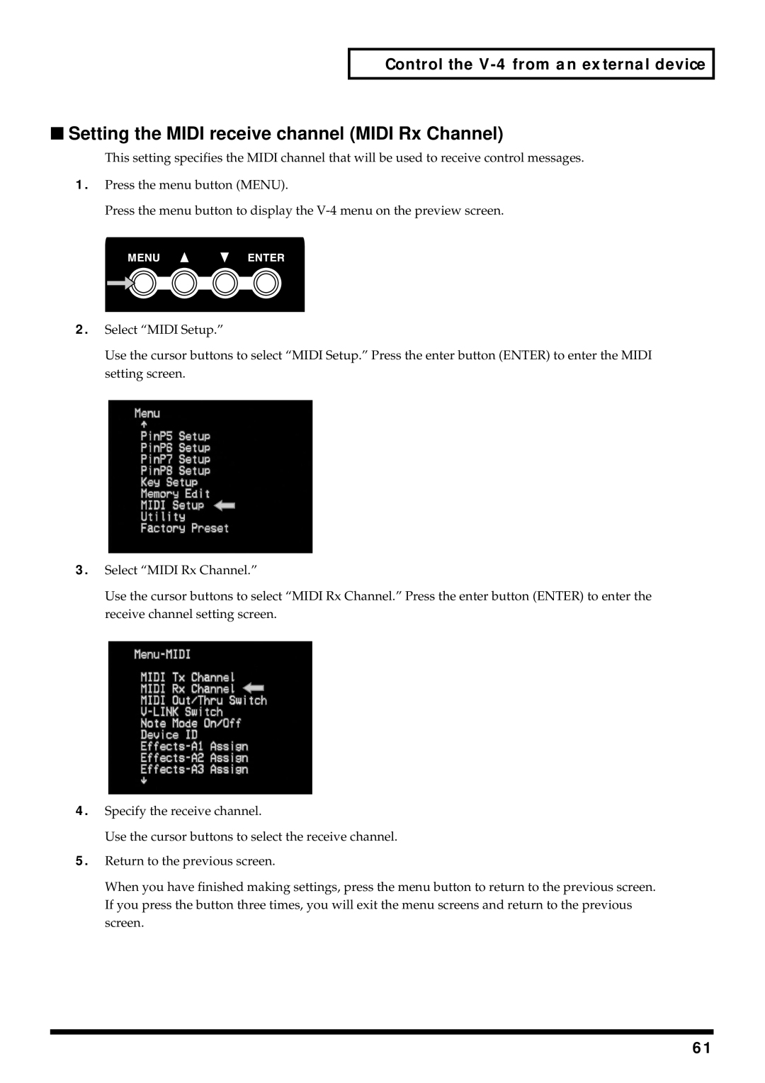 Edirol V-4 owner manual Setting the Midi receive channel Midi Rx Channel 