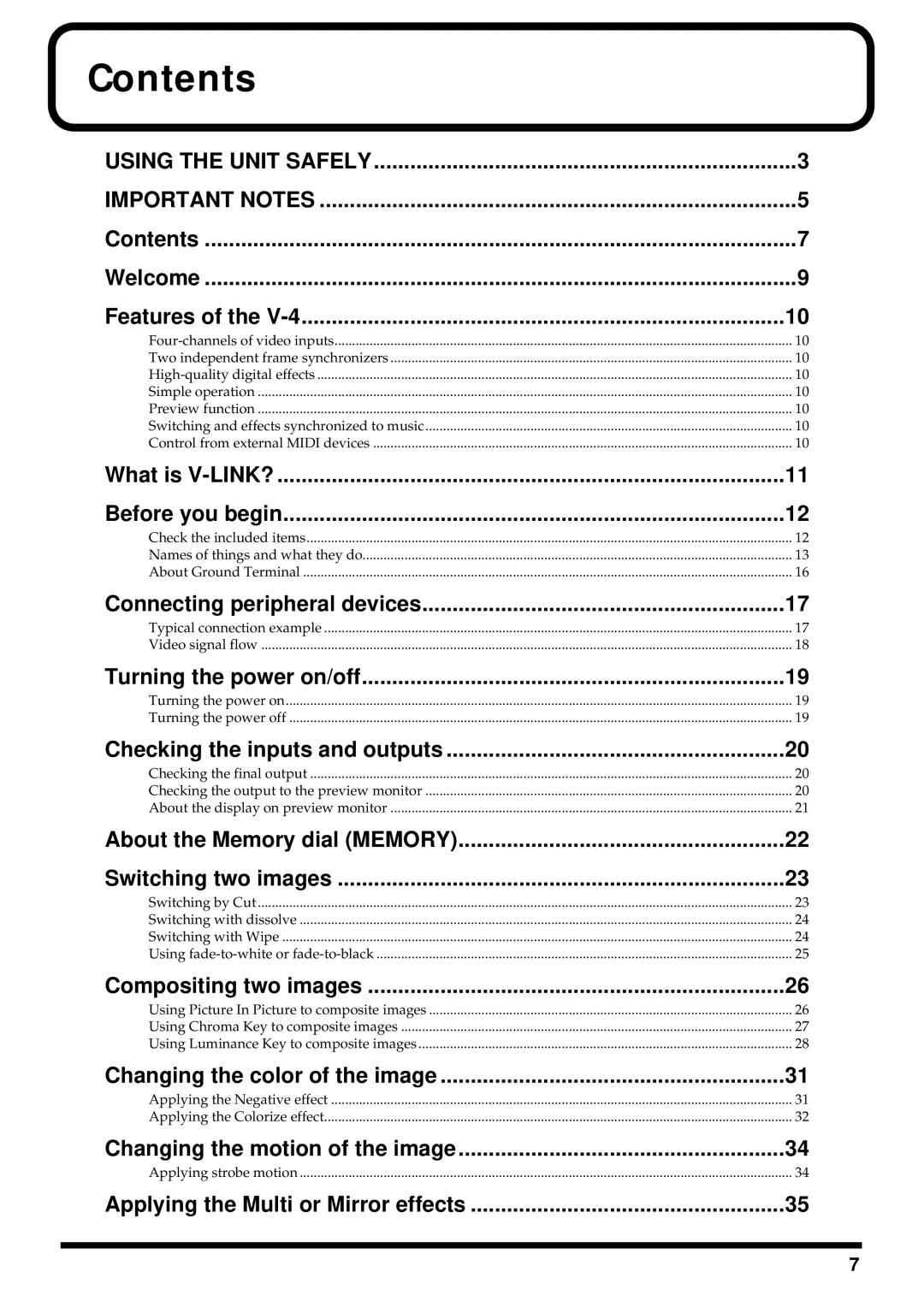 Edirol V-4 owner manual Contents 