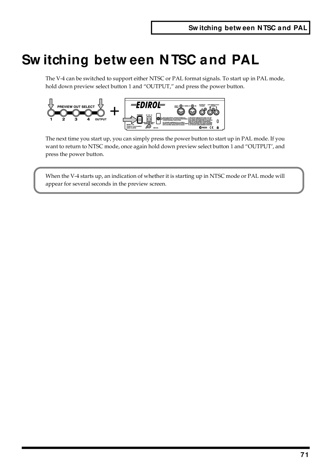 Edirol V-4 owner manual Switching between Ntsc and PAL 