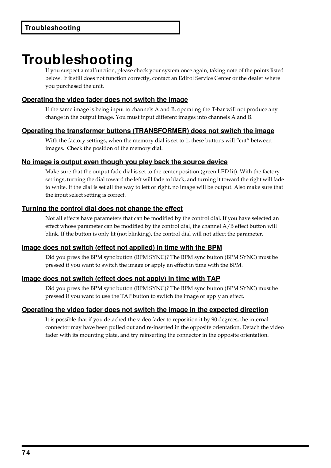 Edirol V-4 owner manual Troubleshooting, Operating the video fader does not switch the image 