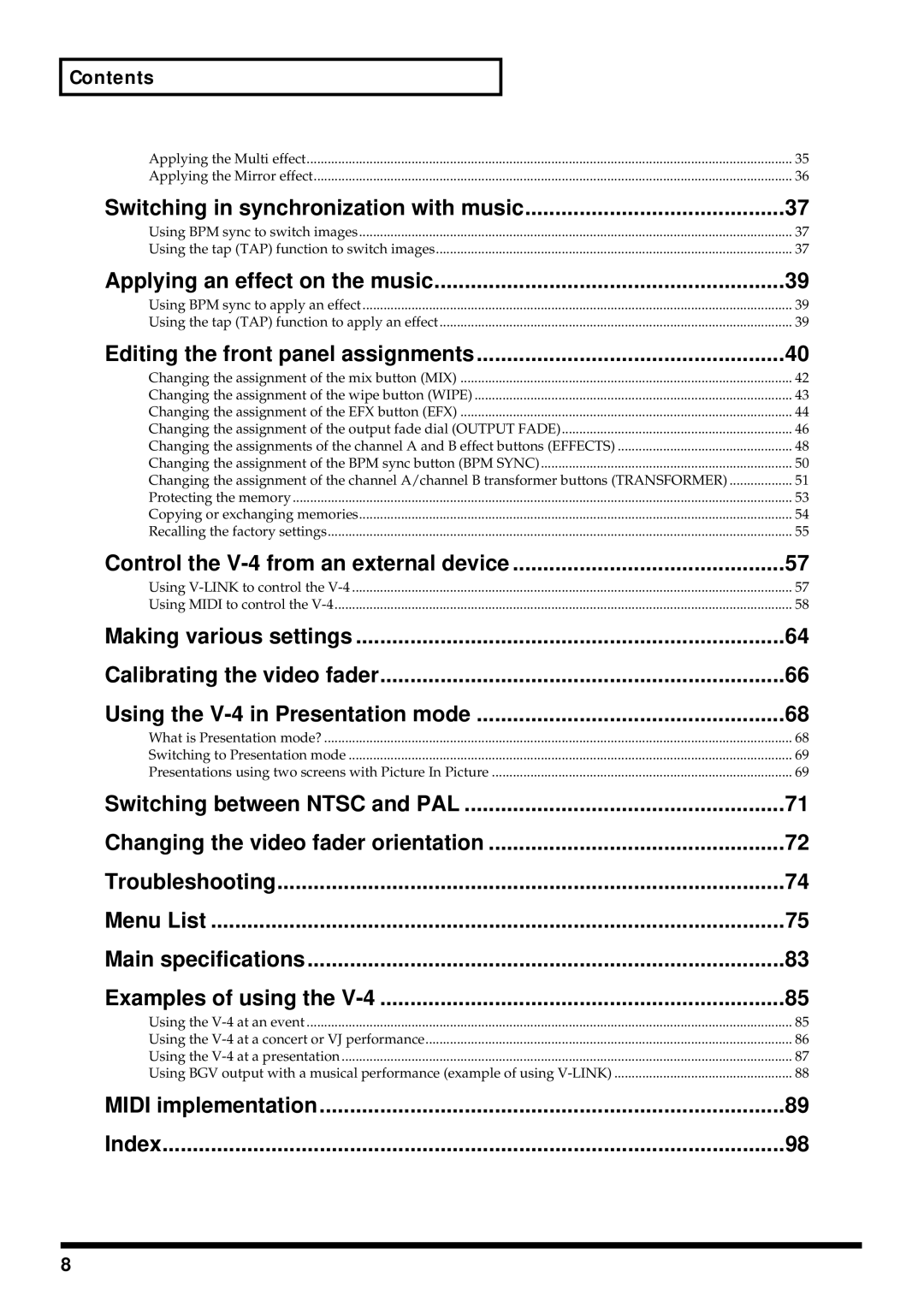 Edirol V-4 owner manual Midi implementation Index 