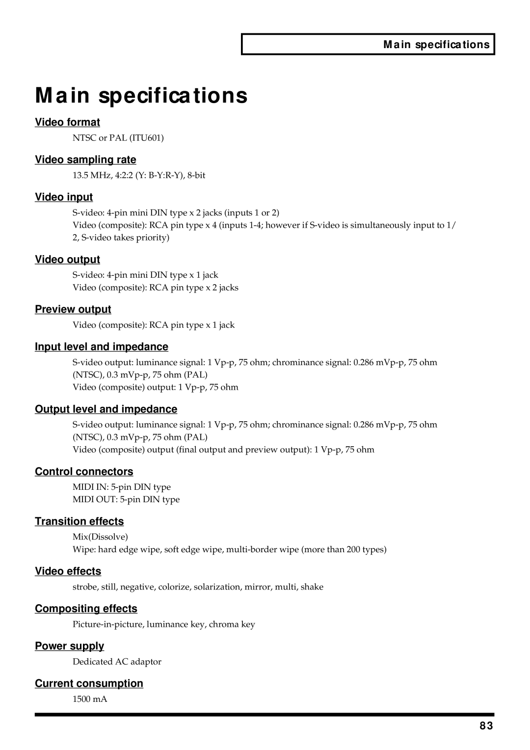 Edirol V-4 owner manual Main specifications, Video input 