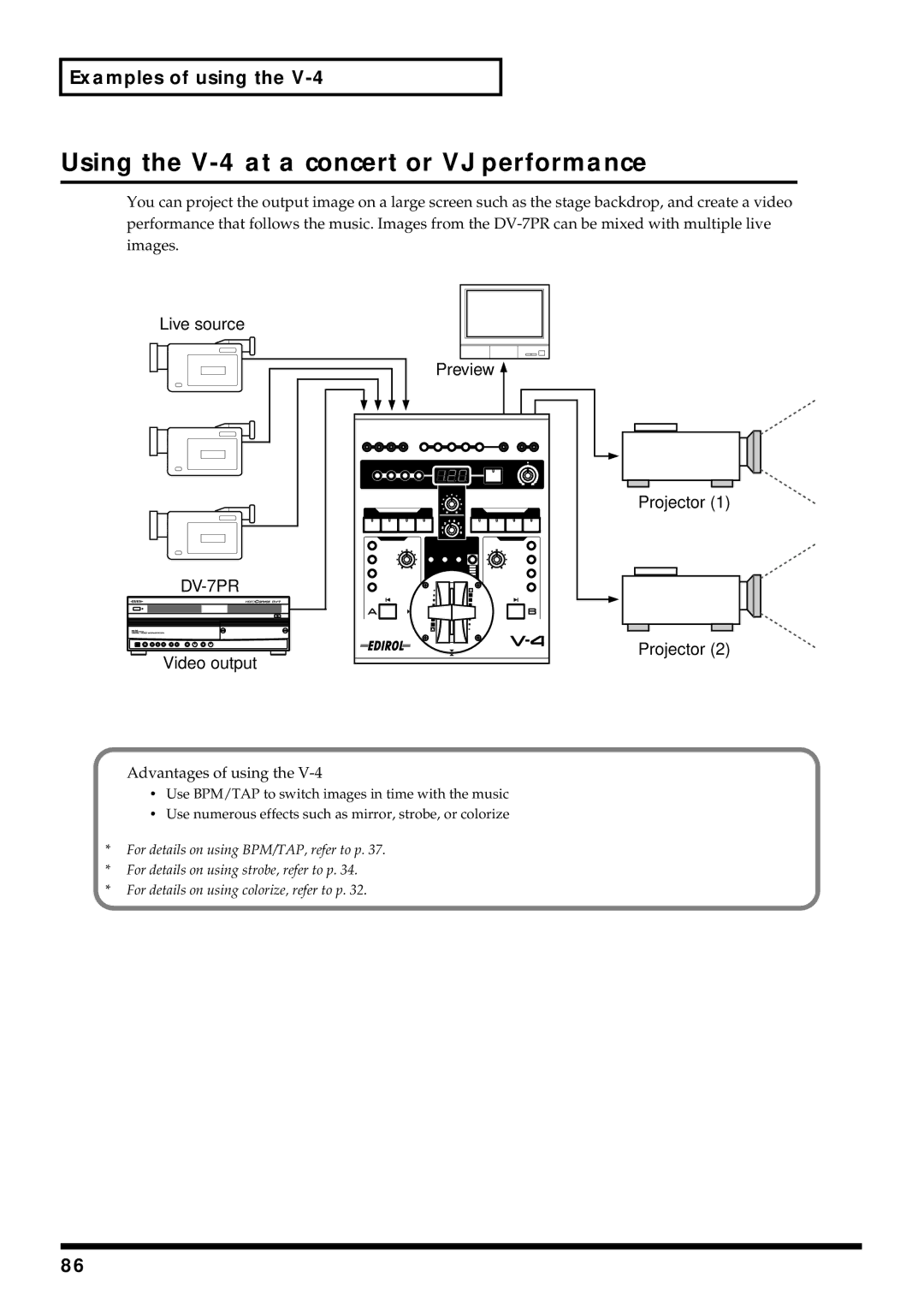 Edirol owner manual Using the V-4 at a concert or VJ performance, DV-7PR 