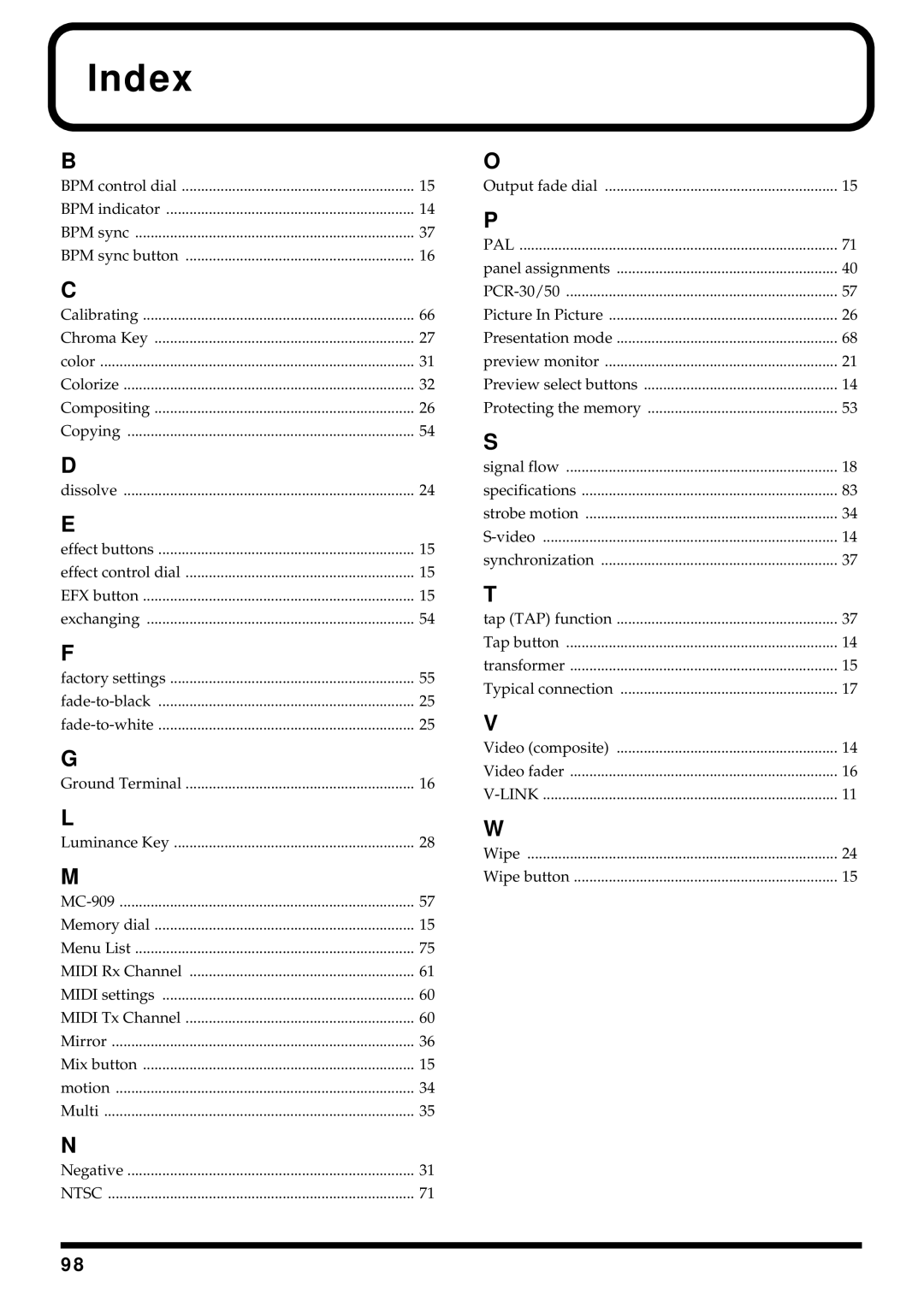 Edirol V-4 owner manual Index, Pal 