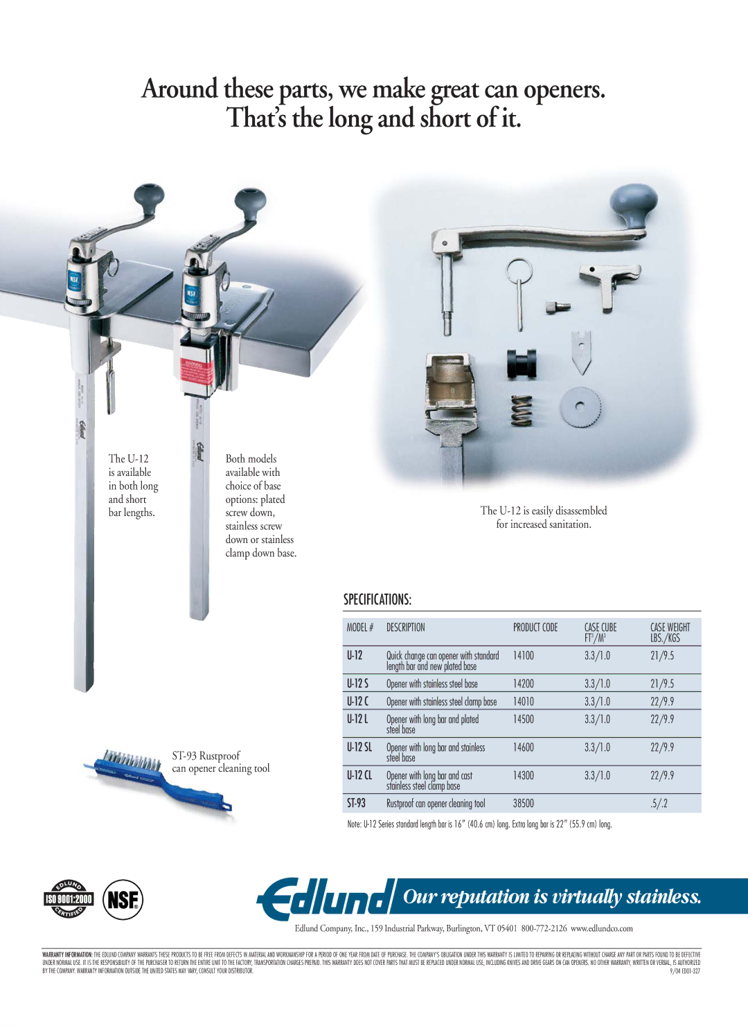 Edlund Company U-12 manual Our reputation is virtually stainless, Specifications, 12 S, 12 C, ST-93 