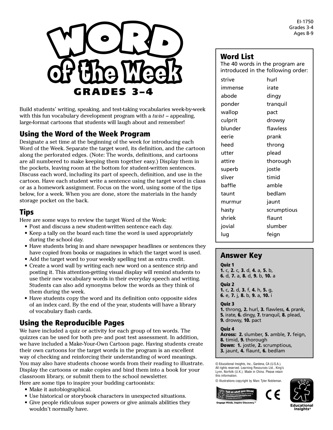 Educational Insights EI-1750 manual Using the Word of the Week Program, Tips, Using the Reproducible Pages, Word List 