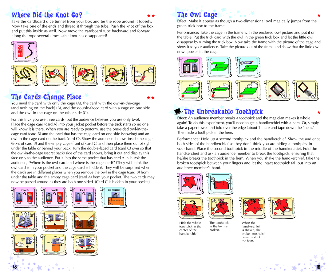 Educational Insights EI-5166 manual Where Did the Knot Go? Owl Cage, Cards Change Place, Unbreakable Toothpick 