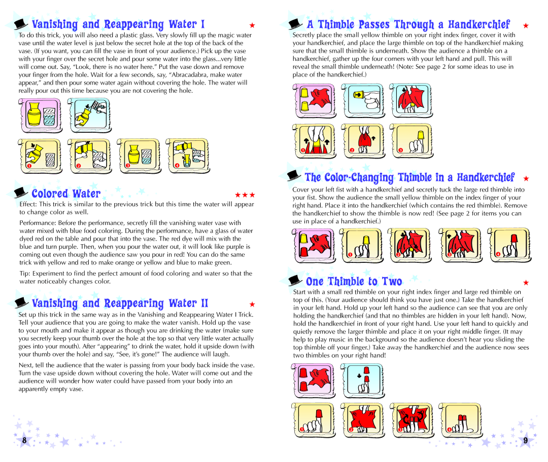 Educational Insights EI-5166 manual Vanishing and Reappearing Water, Colored Water, Thimble Passes Through a Handkerchief 