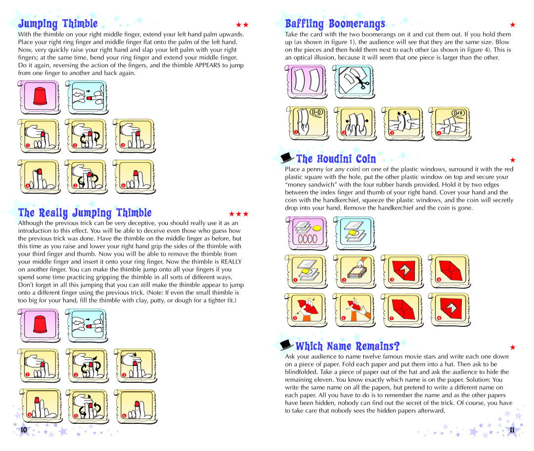 Educational Insights EI-5166 manual Jumping Thimble Baffling Boomerangs, Really Jumping Thimble, Houdini Coin 