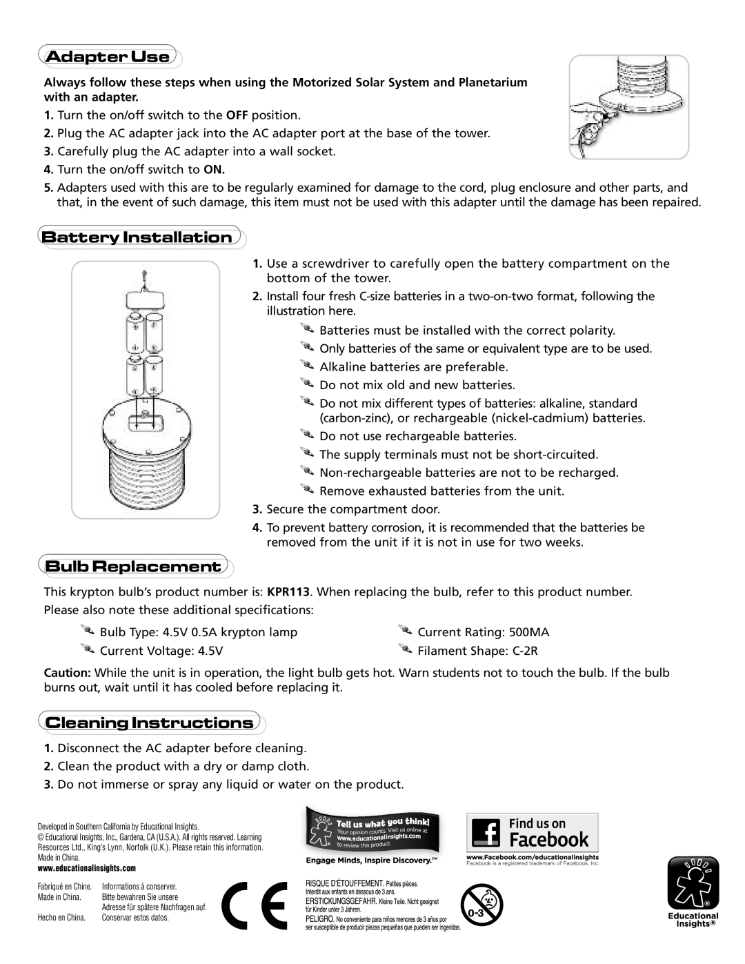 Educational Insights EI-5237 manual AdapterUse, BatteryInstallation, BulbReplacement, CleaningInstructions 