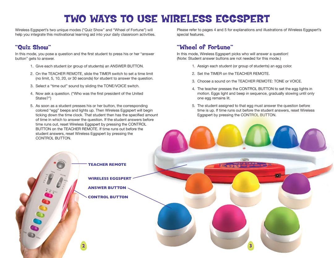 Educational Insights EI-7881 manual TWO Ways to USE Wireless Eggspert, Quiz Show, Wheel of Fortune 